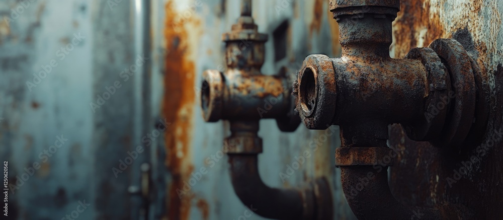 Rusty plumbing pipes in an abandoned factory showcasing decay and neglect in an industrial setting. Rusty plumbing pipes in an abandoned factory showcasing decay and neglect in an industrial setting.
