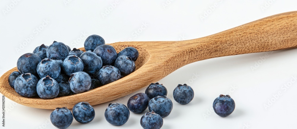 Oat flakes porridge topped with fresh blueberries served in a wooden spoon isolated on a clean white background Oat flakes porridge topped with fresh blueberries served in a wooden spoon isolated on a clean white background