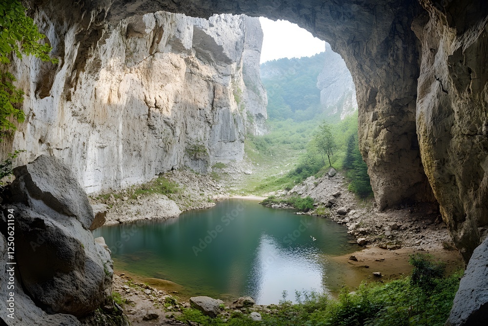 Cave Lake Gorge View Tranquil mountain lake seen from cave entrance Cave Lake Gorge View Tranquil mountain lake seen from cave entrance