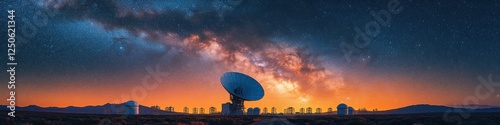 Radio telescope array aligned under the Milky Way, scanning deep space for cosmic signals at twilight in a remote observatory.

