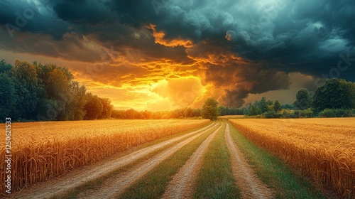 Golden Wheat Field Road Sunset Storm Clouds Dramatic Landscape photo