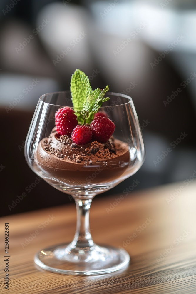 Chocolate mousse in a glass dessert bowl topped with fresh raspberries and mint leaves, perfect for fine dining, gourmet recipes, or indulgent occasions. Chocolate mousse in a glass dessert bowl topped with fresh raspberries and mint leaves, perfect for fine dining, gourmet recipes, or indulgent occasions.
