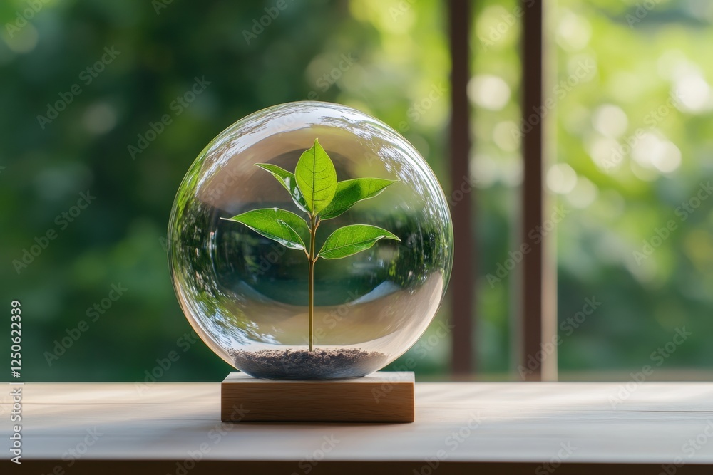 Eco-Modern Glass Globe with Sprouting Plant and Dewdrops Sustainable Design for Green Marketing and Environmental Business Innovation Eco-Modern Glass Globe with Sprouting Plant and Dewdrops Sustainable Design for Green Marketing and Environmental Business Innovation