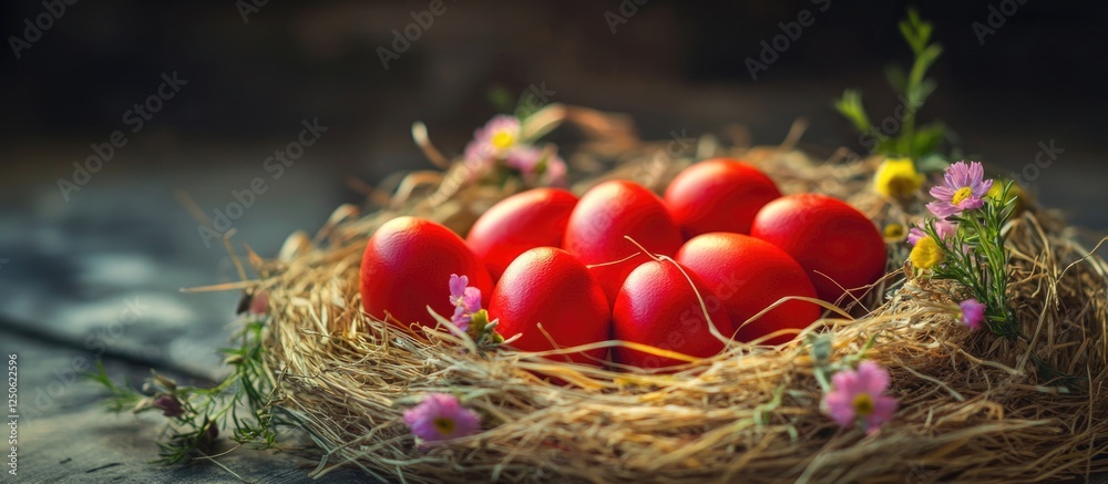 Vibrant red Easter eggs nestled in a cozy straw nest adorned with colorful flowers for a festive spring celebration. Vibrant red Easter eggs nestled in a cozy straw nest adorned with colorful flowers for a festive spring celebration.