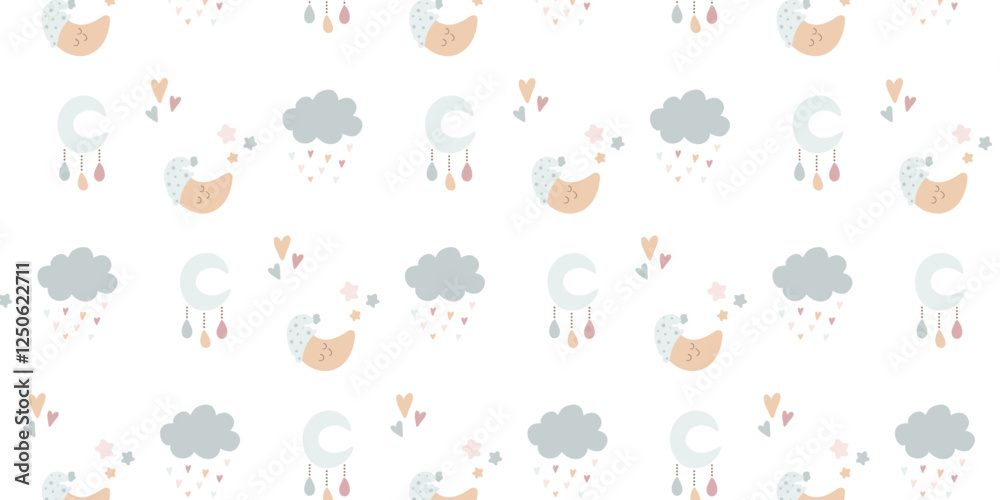 Seamless Boho Baby Pattern with Transparent Background, Clouds, Moons, and Stars for Kids and Nursery Design Seamless Boho Baby Pattern with Transparent Background, Clouds, Moons, and Stars for Kids and Nursery Design