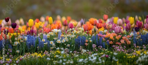 Vibrant floral landscape showcasing a diverse array of colorful flowers creating a stunning natural pattern in a garden setting. photo