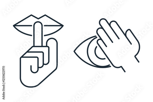 Secret. Keep quiet, don't show. Set of vector linear icons isolated on white background.