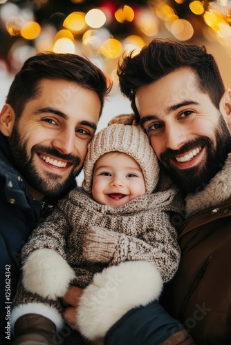 Family portrait with two men and a smiling baby in winter clothing, celebrating together during the holidays, conveying warmth and joy in a festive atmosphere. photo