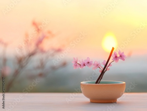 Zen Aesthetic Display Stoneware Bowl with Cherry Blossoms at Sunset - Mindful Decor and Spiritual Content for Eco-Friendly Spaces and Wellness Retreats photo