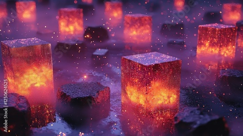 Glowing cubes amidst rocks, sparks, and fog in a dark landscape