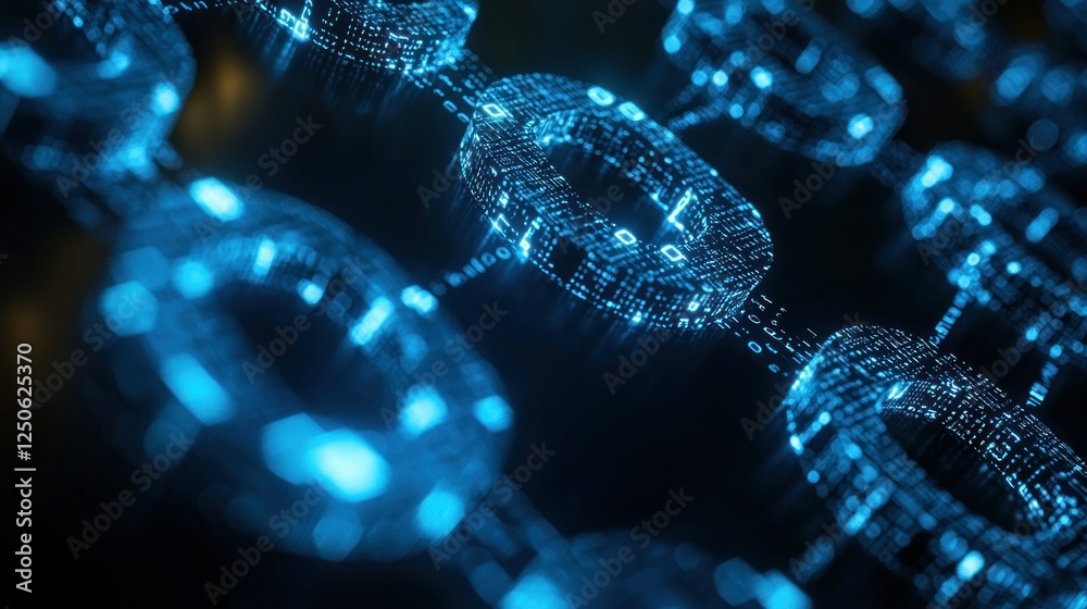 Glowing digital chain of binary code data on dark background for security Glowing digital chain of binary code data on dark background for security