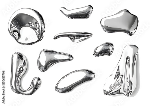 3D render of fluid chrome liquid shapes isolated on white background PNG.AI GENERATED