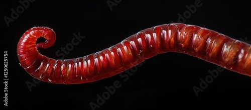 Red bloodworm isolated on black background showcasing macro details of its unique shape and coloration in a natural setting. photo