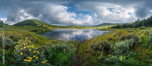 Fototapeta Naklejka Na Ścianę i Meble -  Polish countryside HDRI spherical panorama showcasing serene lake and lush greenery under a dramatic sky.