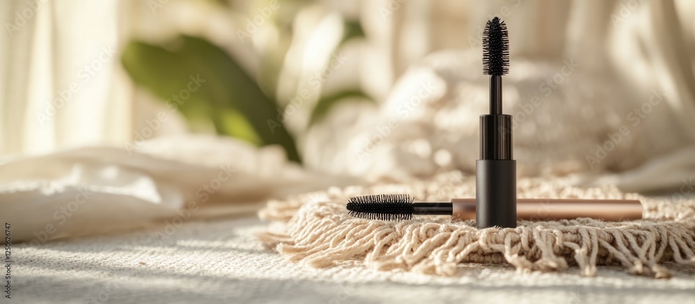 Naklejka premium Mascara and brush elegantly arranged on a handmade macrame cover with soft natural lighting creating a serene beauty setting.