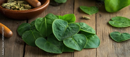 Premna cordifolia leaves on wooden table with spice bowl showcasing their culinary use and aromatic qualities. photo