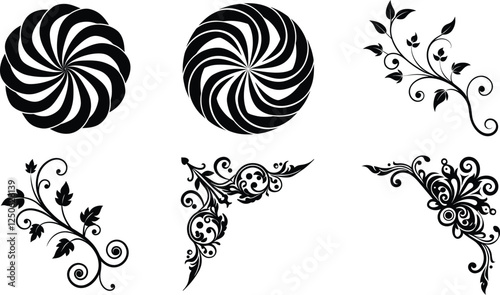 Swirling floral design elements corner, spiral, black, white, vector, graphic, illustration, decorat
