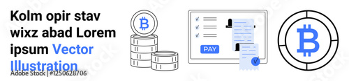 Bitcoin logo on coins, invoice with payment button, and blockchain network symbol. Ideal for fintech, cryptocurrency, online payments, digital wallets, blockchain, decentralized finance abstract