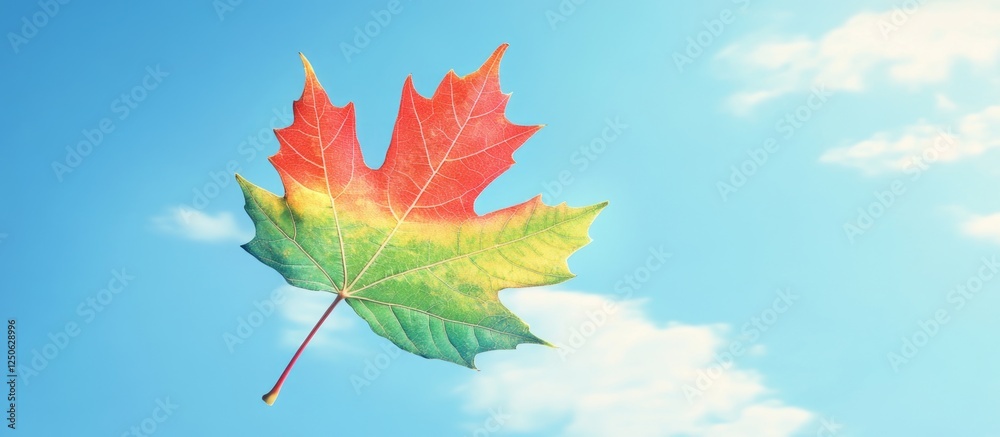Vibrant red green yellow maple leaf against a clear blue sky creating a beautiful autumnal nature backdrop.