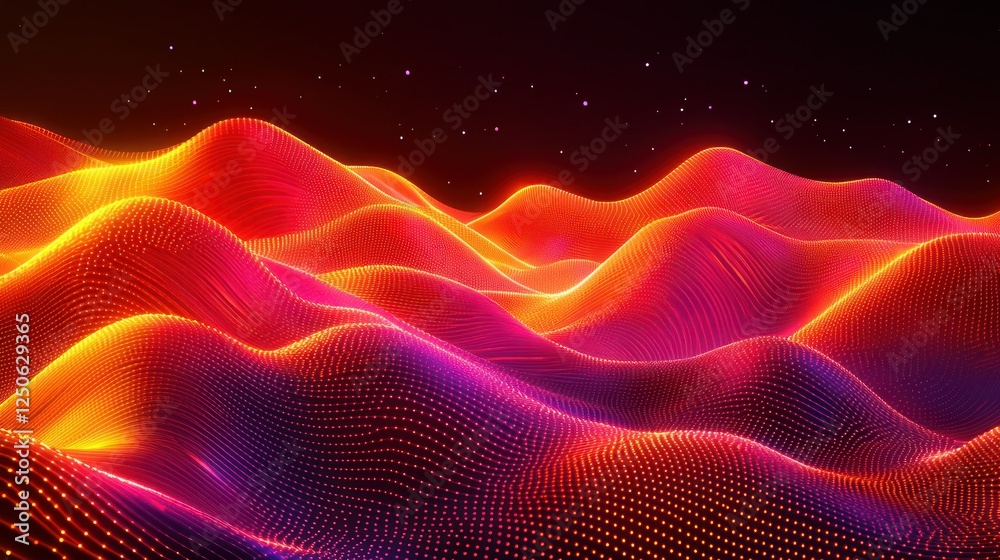 Fototapeta premium Glowing digital landscape with particle waves under starry night sky, ideal for backgrounds