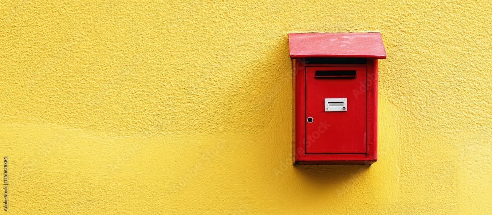 Vibrant red postbox against a bright yellow wall creating a striking contrast in urban or artistic settings Vibrant red postbox against a bright yellow wall creating a striking contrast in urban or artistic settings