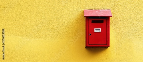 Vibrant red postbox against a bright yellow wall creating a striking contrast in urban or artistic settings
