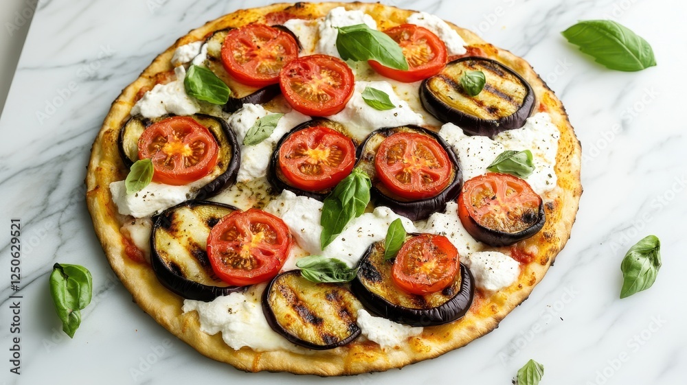 Delicious top view of a gourmet pizza topped with fresh eggplant slices and vibrant toppings. Delicious top view of a gourmet pizza topped with fresh eggplant slices and vibrant toppings.