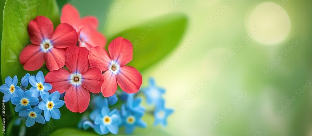 Vibrant red and blue flowers on a blurred green background with ample copy space for gardening or nature themed designs Vibrant red and blue flowers on a blurred green background with ample copy space for gardening or nature themed designs