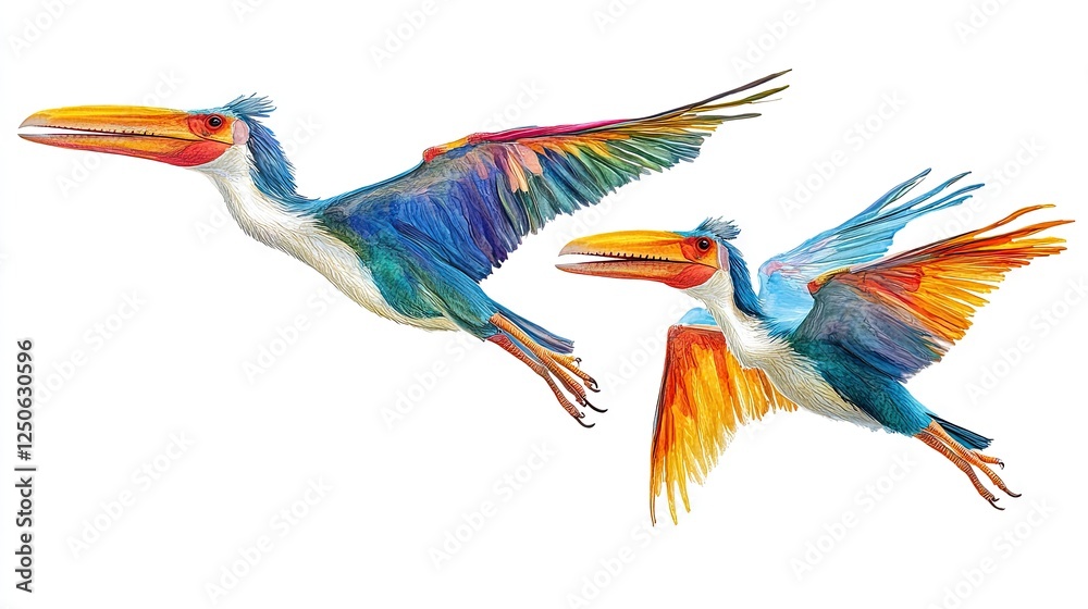 Obraz premium Vibrant Prehistoric Birds Soaring Against a Clean White Background in Stunning Detail