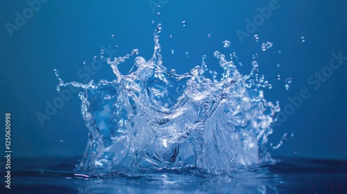Dynamic water splash creating vibrant droplets against a serene blue background showcasing fluid motion and purity in liquid form. photo