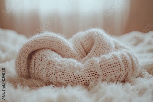 Cozy sweater folded on fluffy bed, sunlight streaming through window; ideal for home, comfort, relaxation