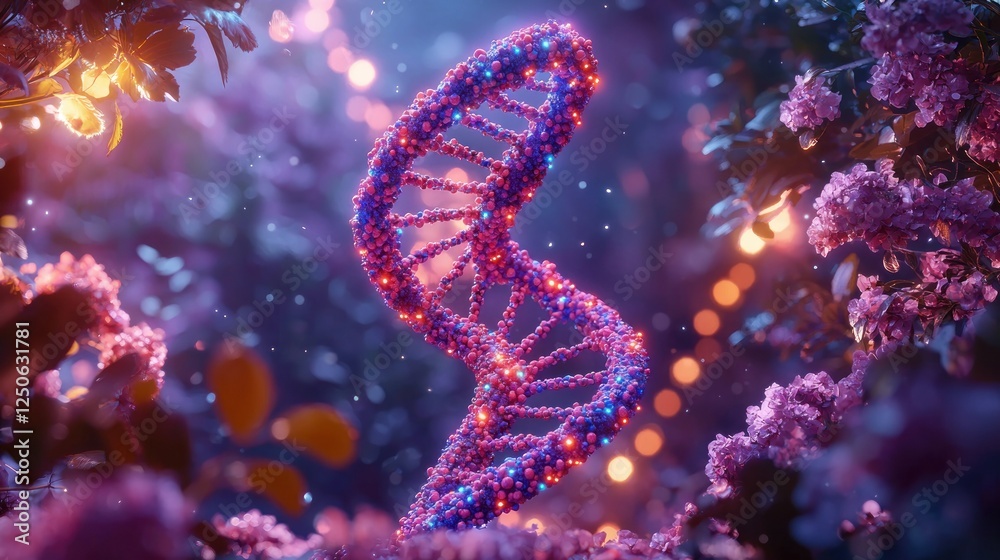 Fototapeta premium Glowing DNA helix in magical garden with sparkling bokeh background for science visuals