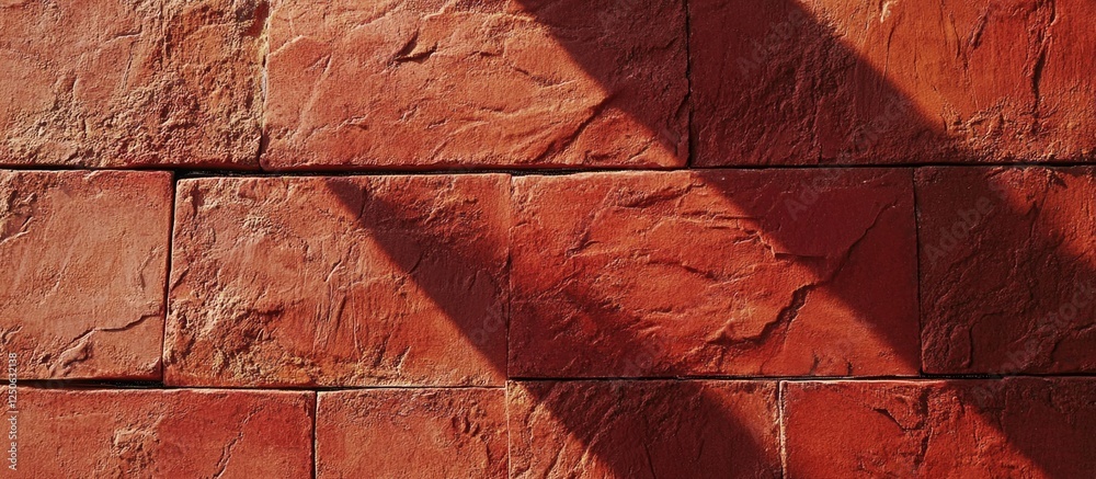 Fototapeta premium Textured Red Brick Wall with Shadows Highlighting the Surface Depth and Warm Tones Ideal for Architectural and Interior Design Themes