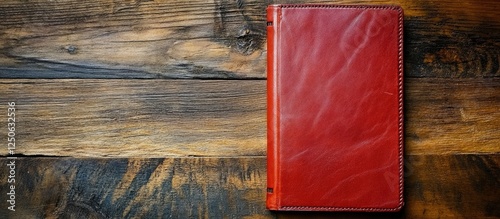 Red leather notebook placed on rustic wooden table showcasing texture and color contrast for creative writing or note-taking themes. photo