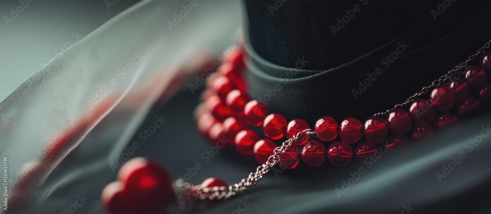 Fototapeta premium Elegant red bead bracelet with a chic black hat adorned with a veil showcasing luxurious fashion and sophisticated accessories.