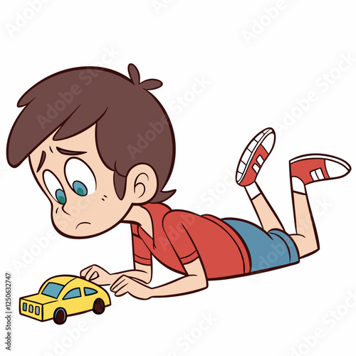 Cartoon boy lying down looks sadly at a yellow toy car on the floor
