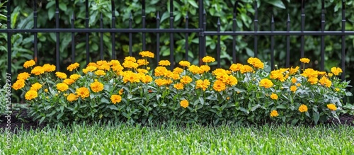 Blooming pot marigold flowers in a vibrant garden setting showcasing the beauty of yellow Calendula officinalis in full bloom. photo