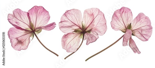 Pressed dried pink geranium flowers isolated on white background ideal for scrapbooking floristry oshibana and herbarium projects photo