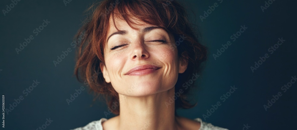 Obraz premium Smiling mature woman conveying emotional well-being and serenity with a dark background offering space for motivational text or quotes