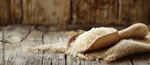 Wooden scoop with sugar on rustic wooden table with burlap, emphasizing natural textures and warm tones in a cozy setting. photo