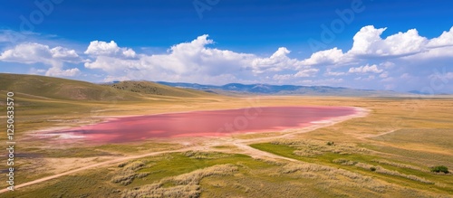 Sasyk Sivash stunning aerial view of pink salt lake surrounded by golden fields and blue skies in Crimea photo