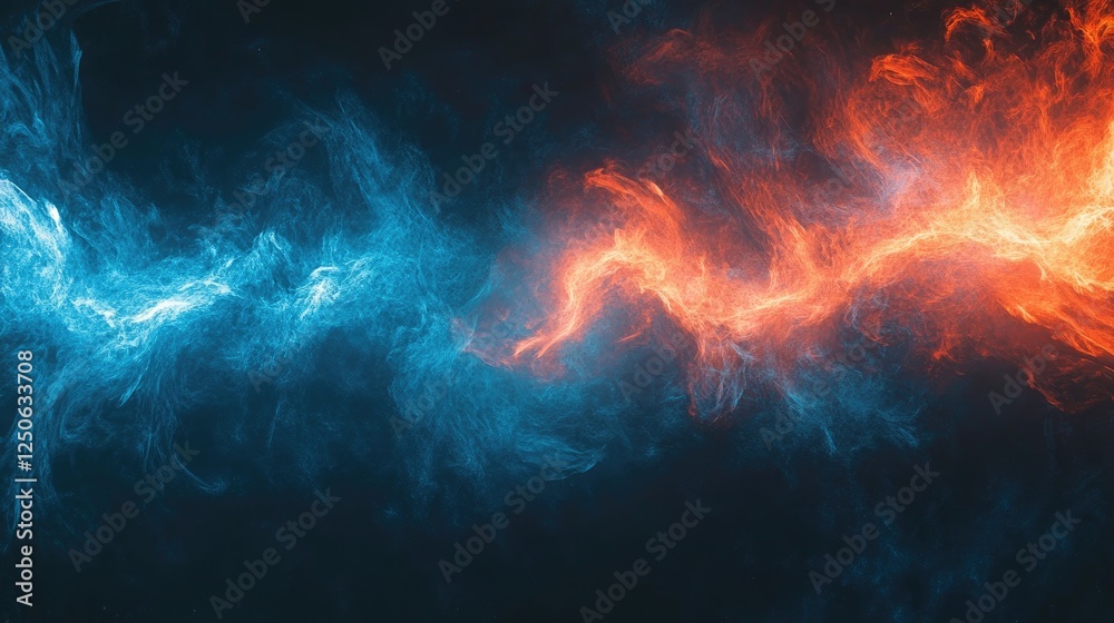 A close-up of vibrant blue and orange flames burning fiercely, casting a dramatic contrast in the darkness.