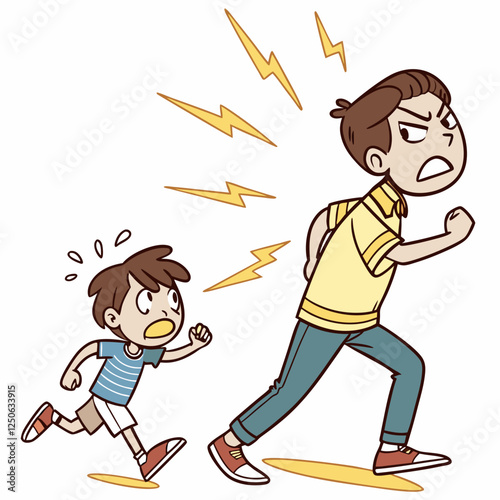 Frustrated Father Chasing After Mischievous Son with Angry Lightning Cartoon