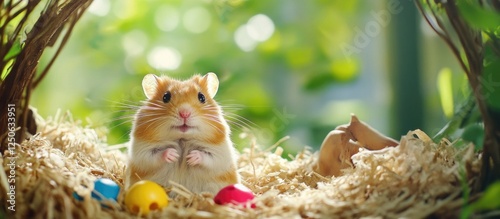 Robo hamster enjoying a cozy nest surrounded by playful toys in a bright natural setting photo