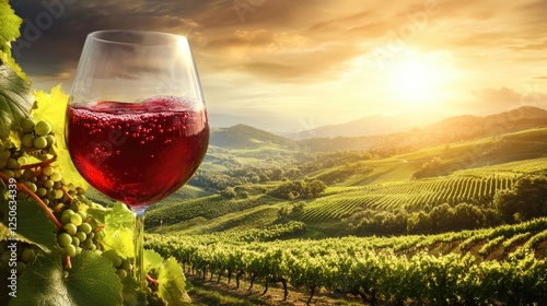 Pouring red wine into a glass in a scenic vineyard during sunset showcasing a merlot drink and lush green hills in the background