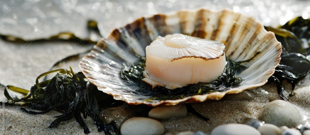 Freshly harvested scallop on a bed of seaweed surrounded by smooth pebbles showcasing the beauty of coastal marine life. Freshly harvested scallop on a bed of seaweed surrounded by smooth pebbles showcasing the beauty of coastal marine life.