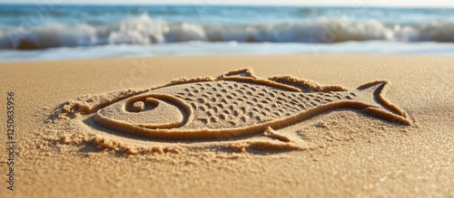 Hand drawn fish symbol crafted in sand at the beach with gentle ocean waves in the background creating a serene coastal ambiance photo