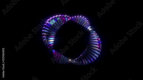 Circular array of glowing, shiny glass pillars in infinite animation. Abstract geometric 3d animation on alpha.