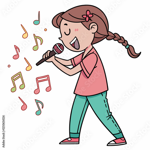 Illustration of a young girl singing with passion into a microphone and music notes