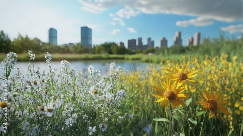 Urban Oasis: Wildflowers in Bloom with Cityscape Backdrop along Lakeside Urban Oasis: Wildflowers in Bloom with Cityscape Backdrop along Lakeside
